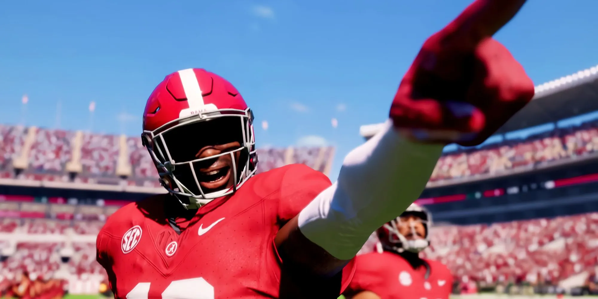 An Alabama player pointing past the camera in EA Sports College Football 25.