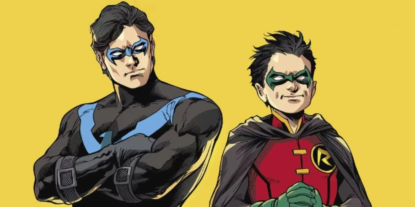 Nightwing et Robin, interprétés par Damian Wayne, se tiennent côte à côte sur un fond jaune.