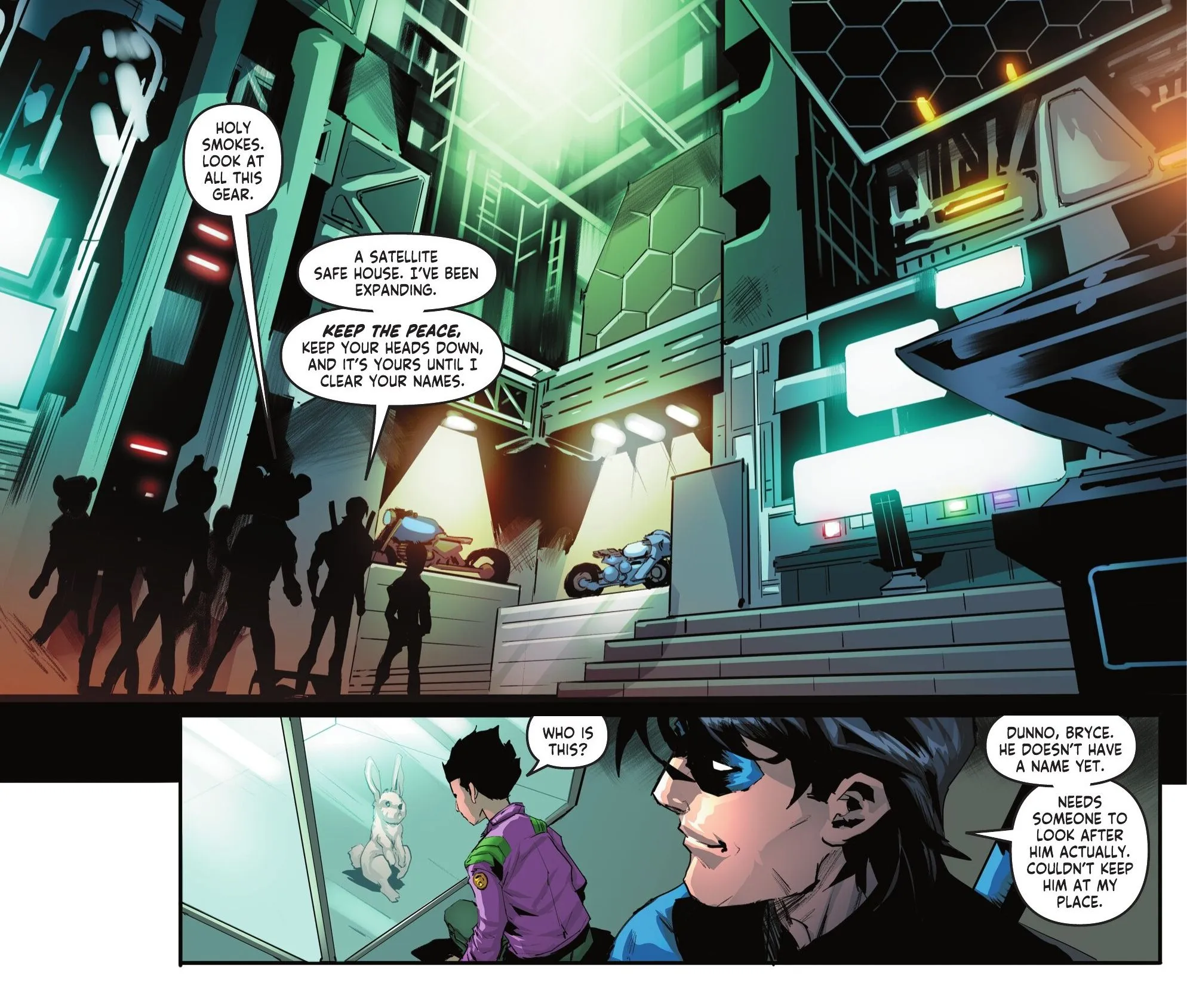 Nightwing encourage le jeune membre du gang Bryce à prendre soin d'un lapin dans Nightwing #121