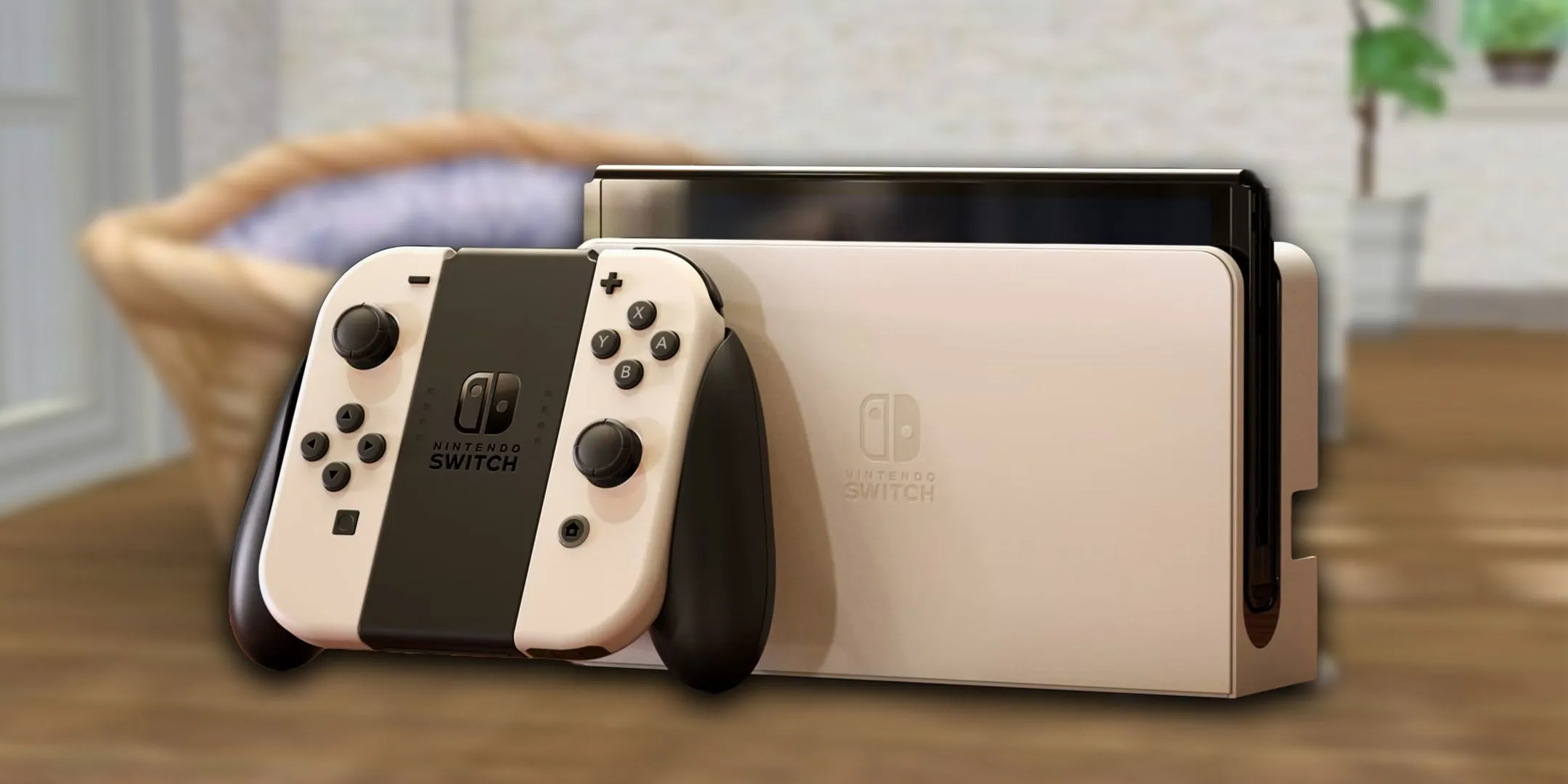 Le modèle Nintendo Switch OLED devant une image floue de Nintendogs + Cats.