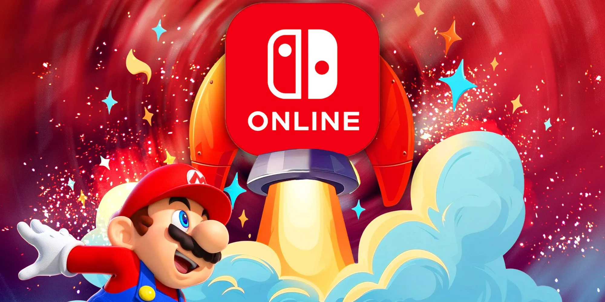 Mario regarde avec enthousiasme une fusée lancée avec le logo Nintendo Switch Online