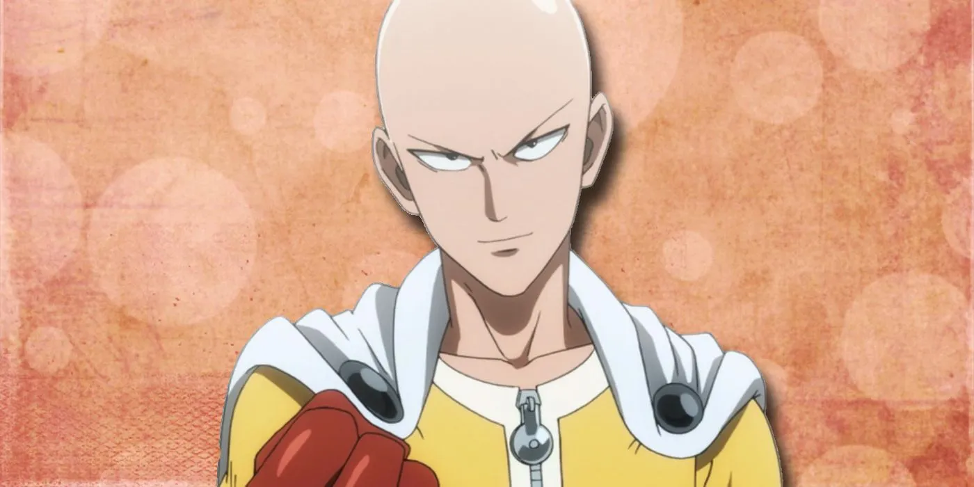 Saitama con aria seria su sfondo arancione.