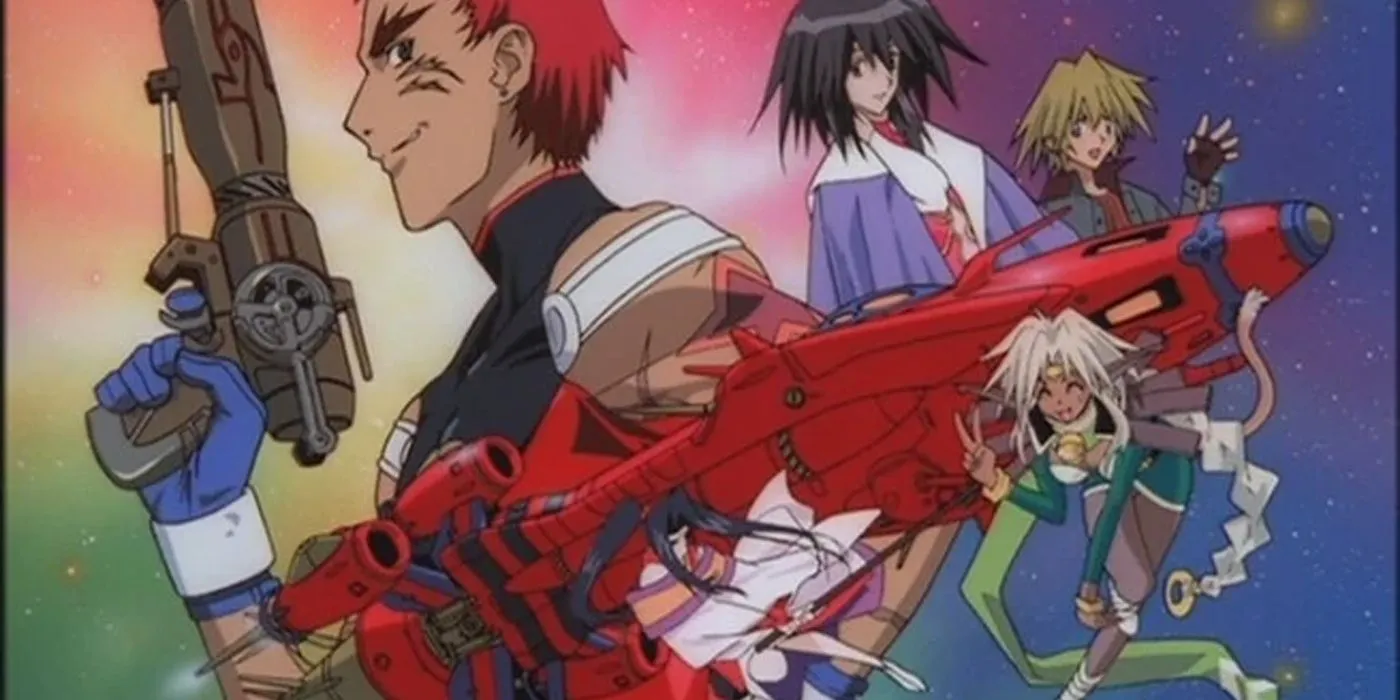 The cast of Outlaw Star surrounding the ship itself.