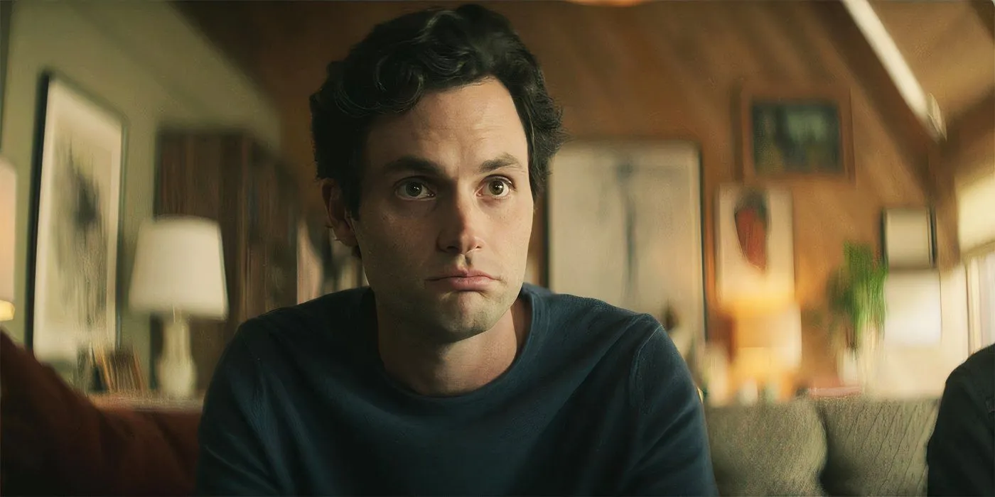 You 시즌 3에서 소파에 앉아 있는 Joe Goldberg 역의 Penn Badgley