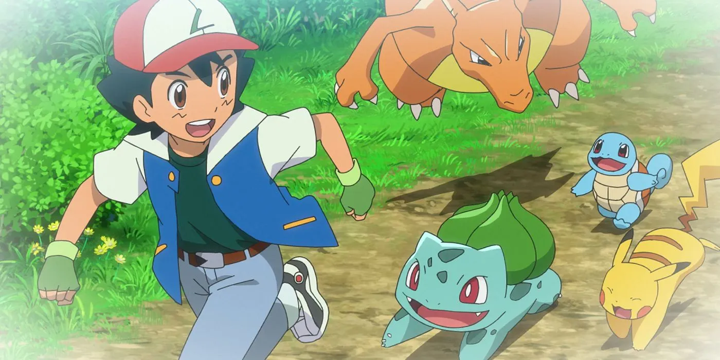 Ash z Charizardem, Squirtle'em, Bulbasaurem i Pikachu.