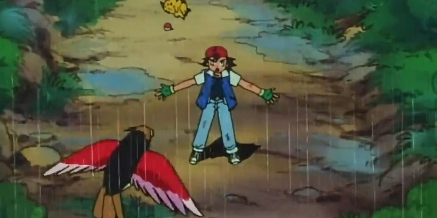 Pokemon: Ash protects Pikachu from Spearow.