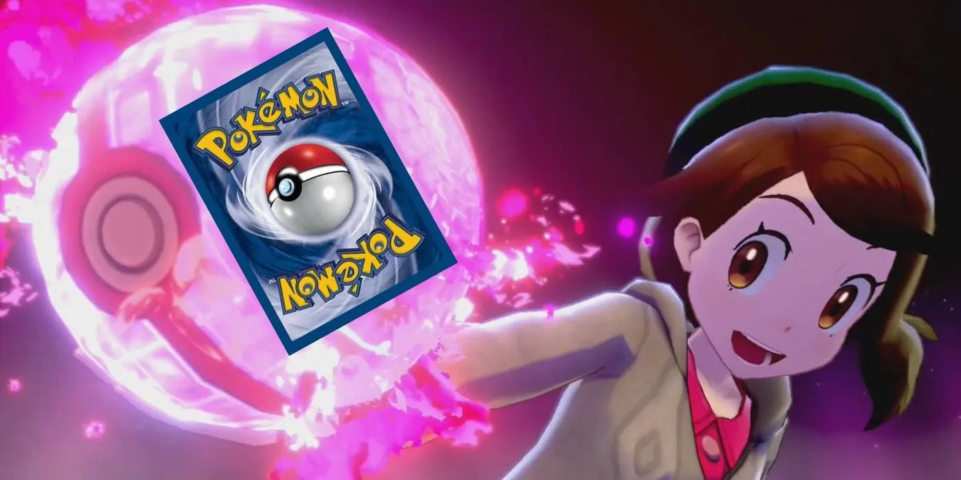 Dynamax-Ball aus Pokémon Schwert und Schild in der Hand eines Trainers mit einer darüber gelegten Pokémon-Karte.