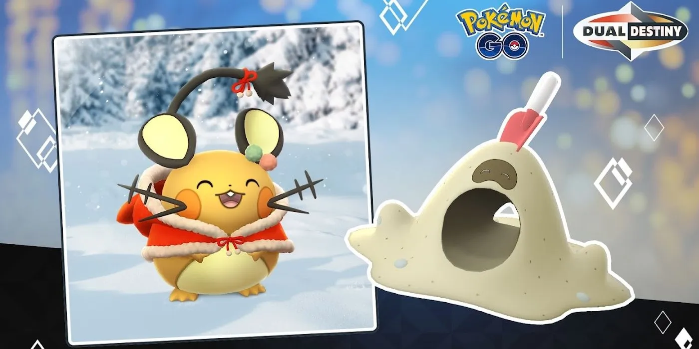 Pokemon GO key art for Holiday Part 1 event featuring Dedenne and Sandygast