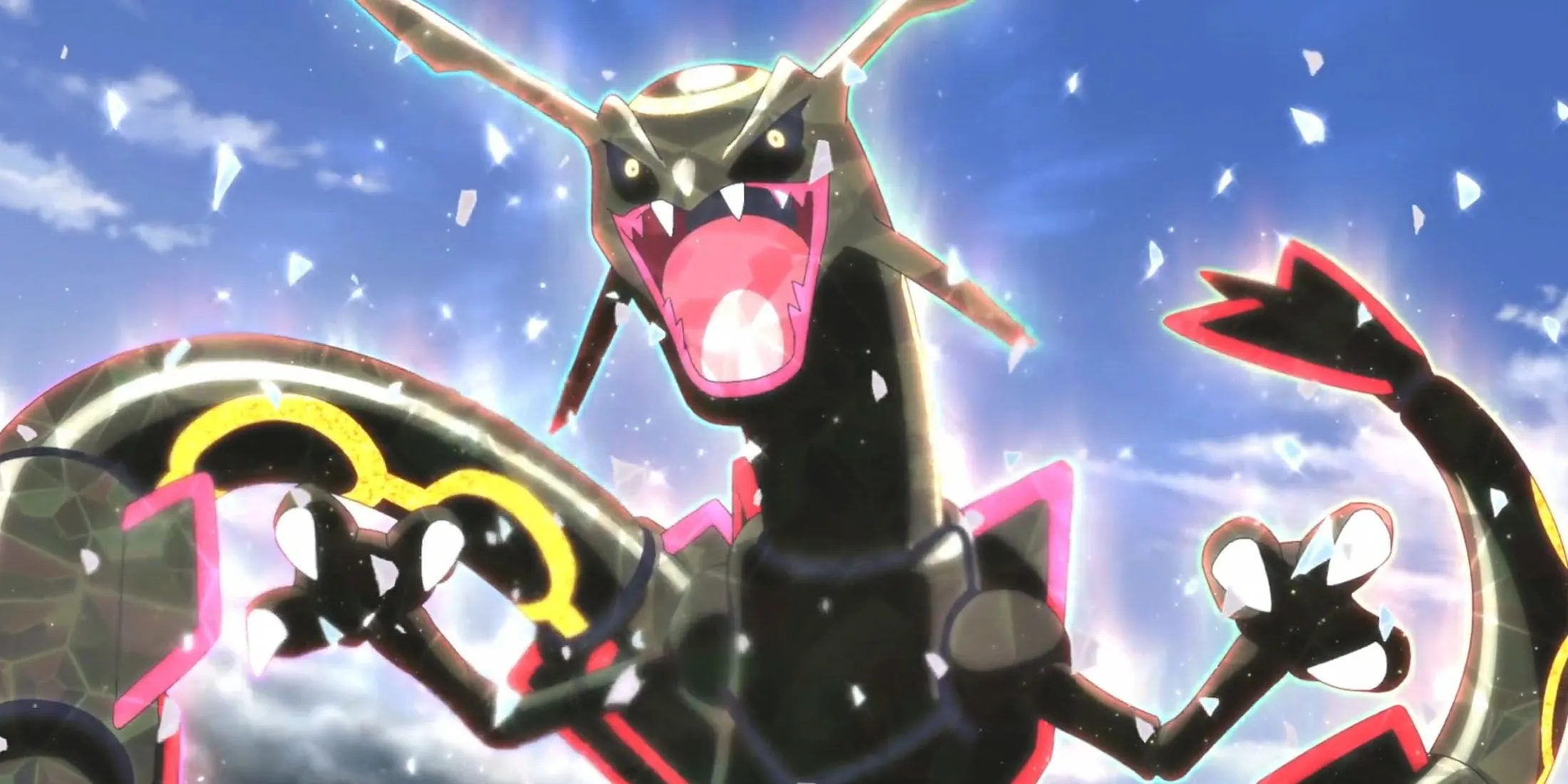 Captura de tela do Rayquaza brilhante no anime Pokémon