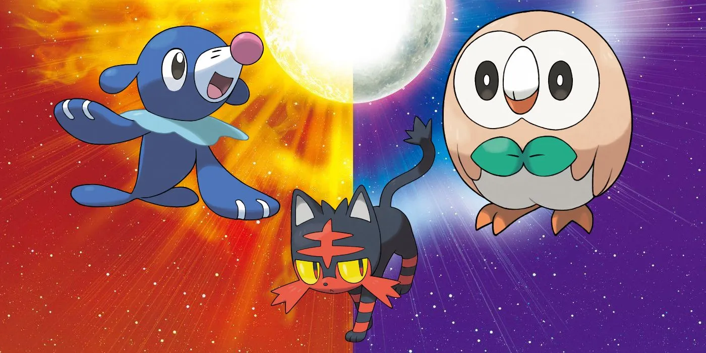 Os iniciantes de Pokémon Sun e Moon, Rowlet, Popplio e Litten, em frente a um fundo dividido entre o sol e a lua em um céu estrelado.