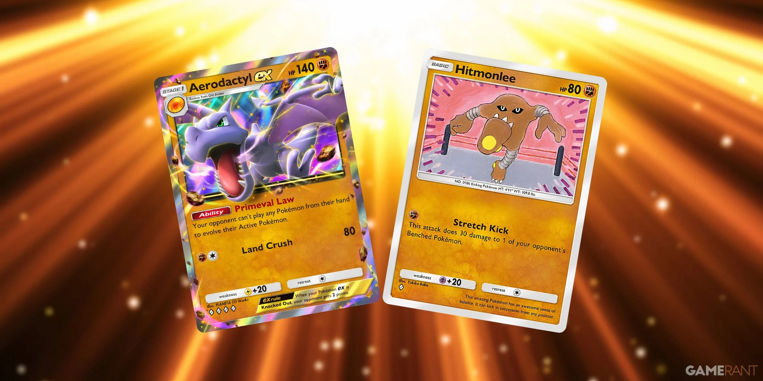 Hitmonlee e Aerodactyl ex no Pokémon TCG Pocket.