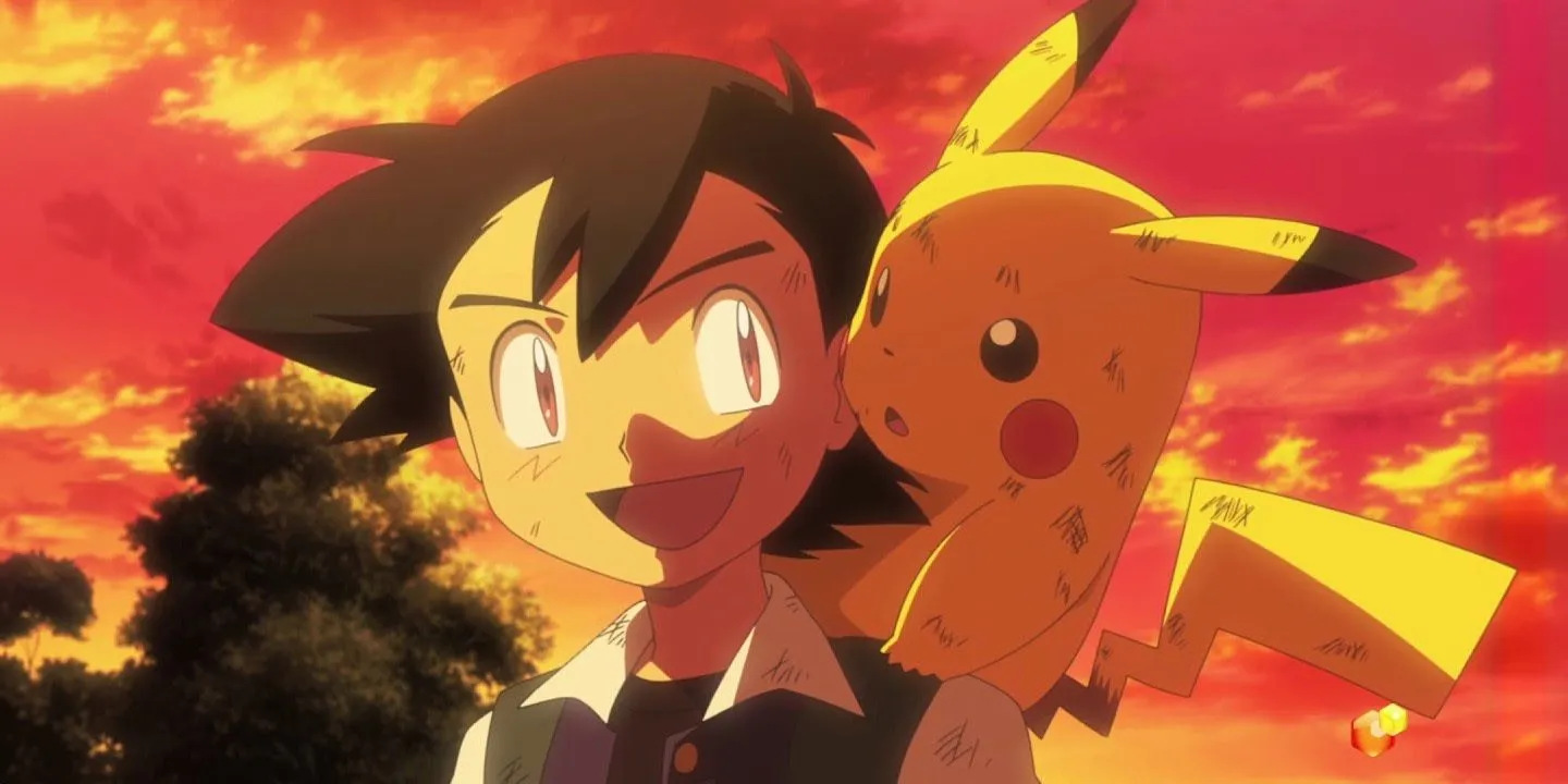 Ash und Pikachu im Sonnenuntergang.