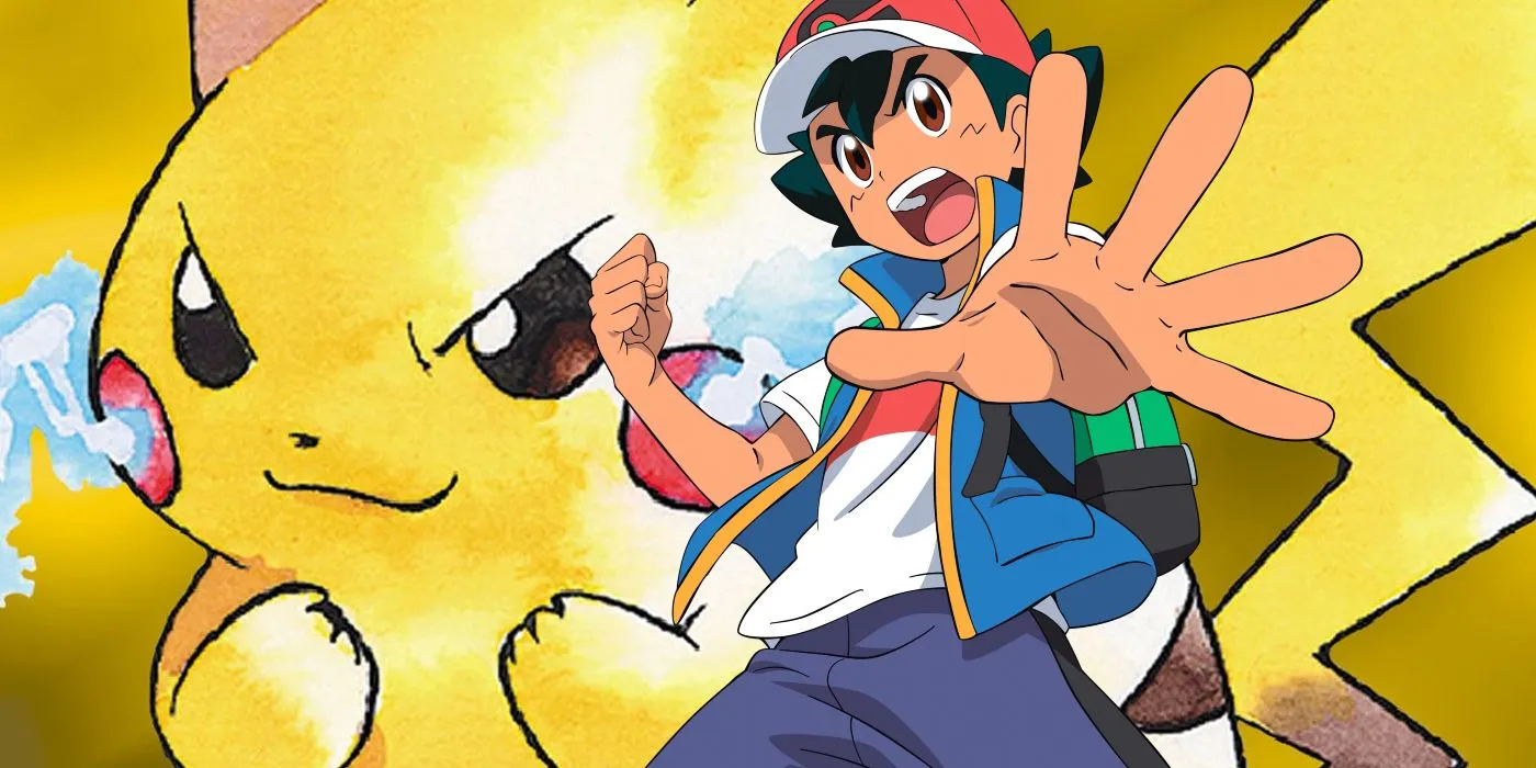 Ash Ketchum z anime Pokémon nałożony na okładkę przedstawiającą Pikachu z Pokémon Yellow.