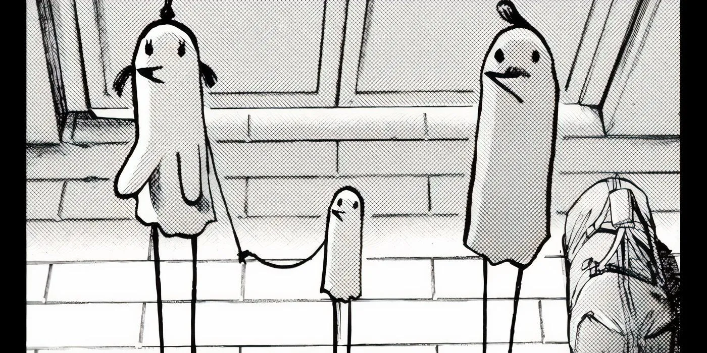 Punpun tomados de la mano de sus padres