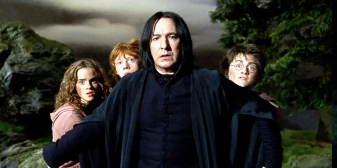 Snape shielding Harry, Ron, and Hermione in Harry Potter.