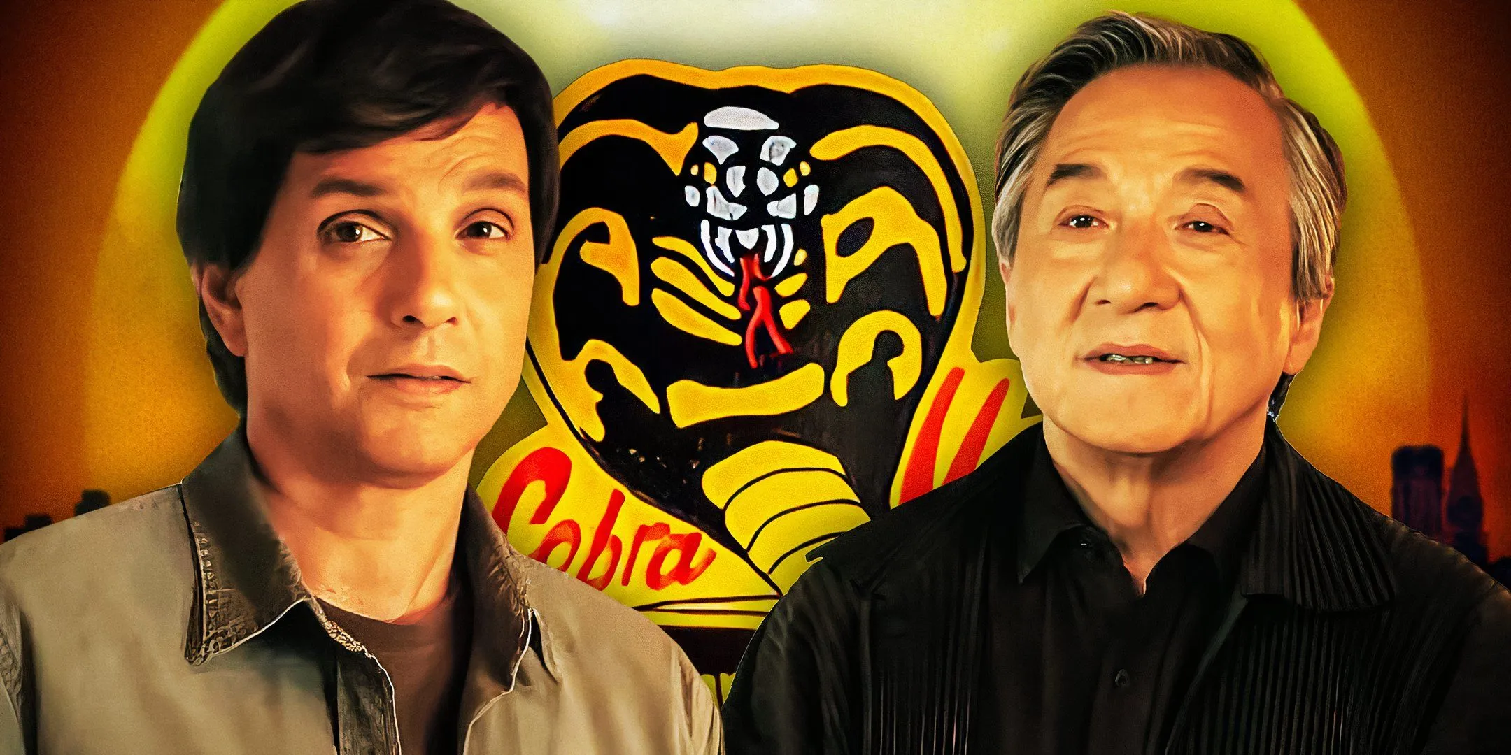 Ralph Macchio e Jackie Chan com o logotipo do Cobra Kai