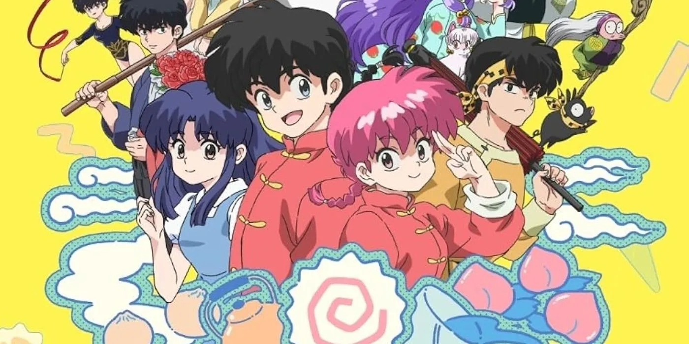 O elenco do remake de Ranma 1/2, incluindo Ranma (masculino e feminino) e Akane