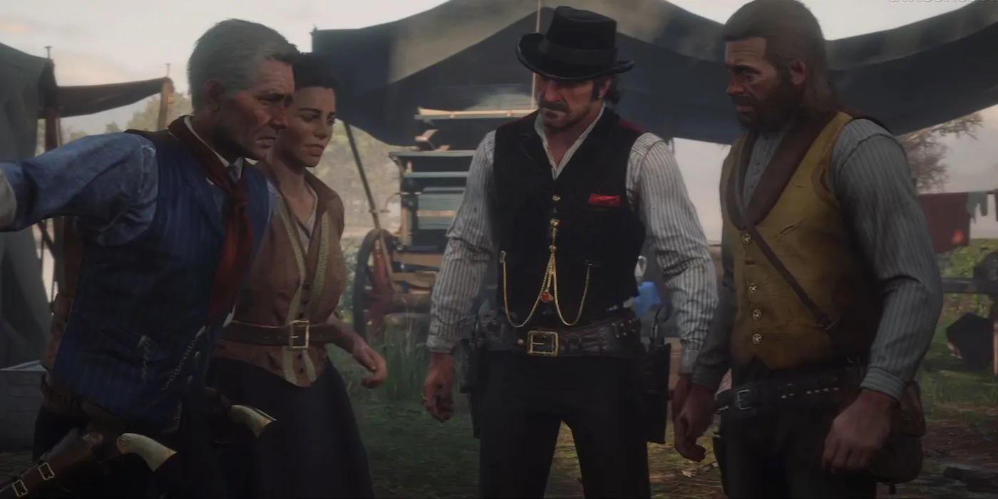 Red Dead Redemption 2 中的達奇、亞瑟、何西阿和阿比蓋爾