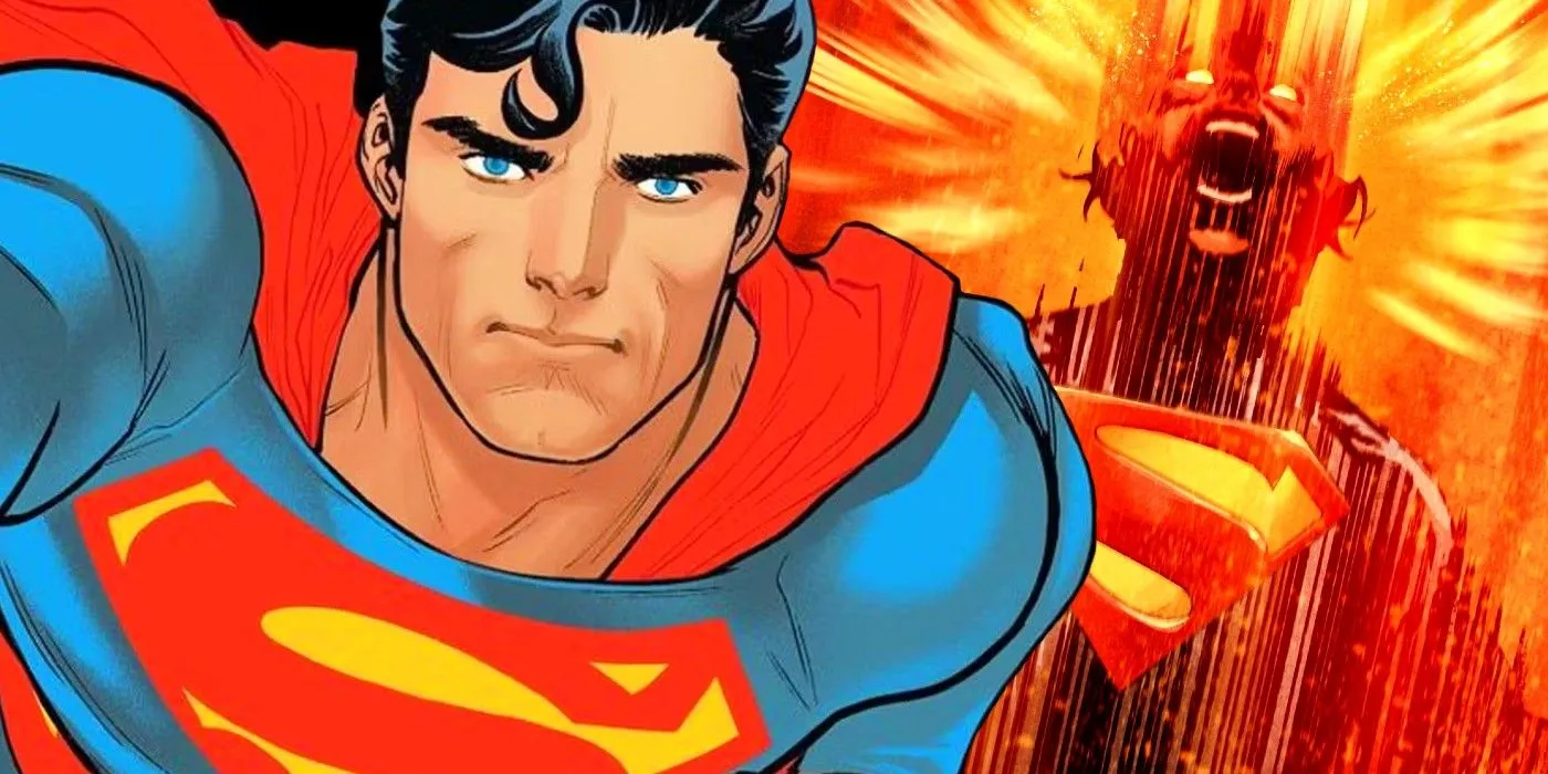 Arte de história em quadrinhos: Superman do Universo DC ao lado de um Superman Absoluto explodindo.