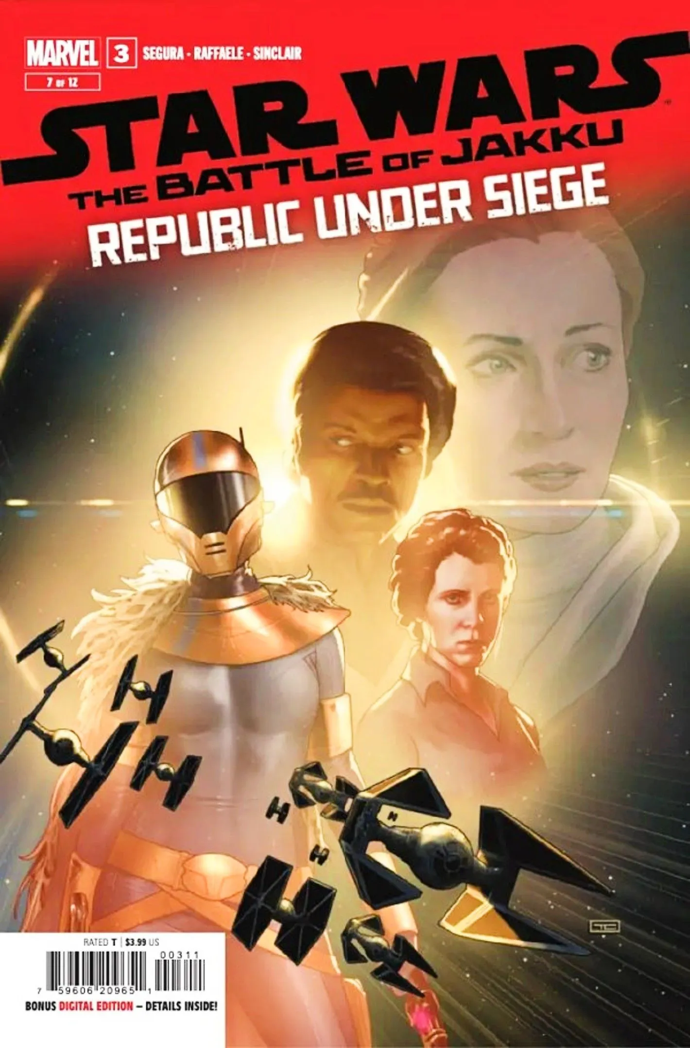 Portada de Republic Under Siege #3, con Leia y otros personajes superpuestos en el espacio.