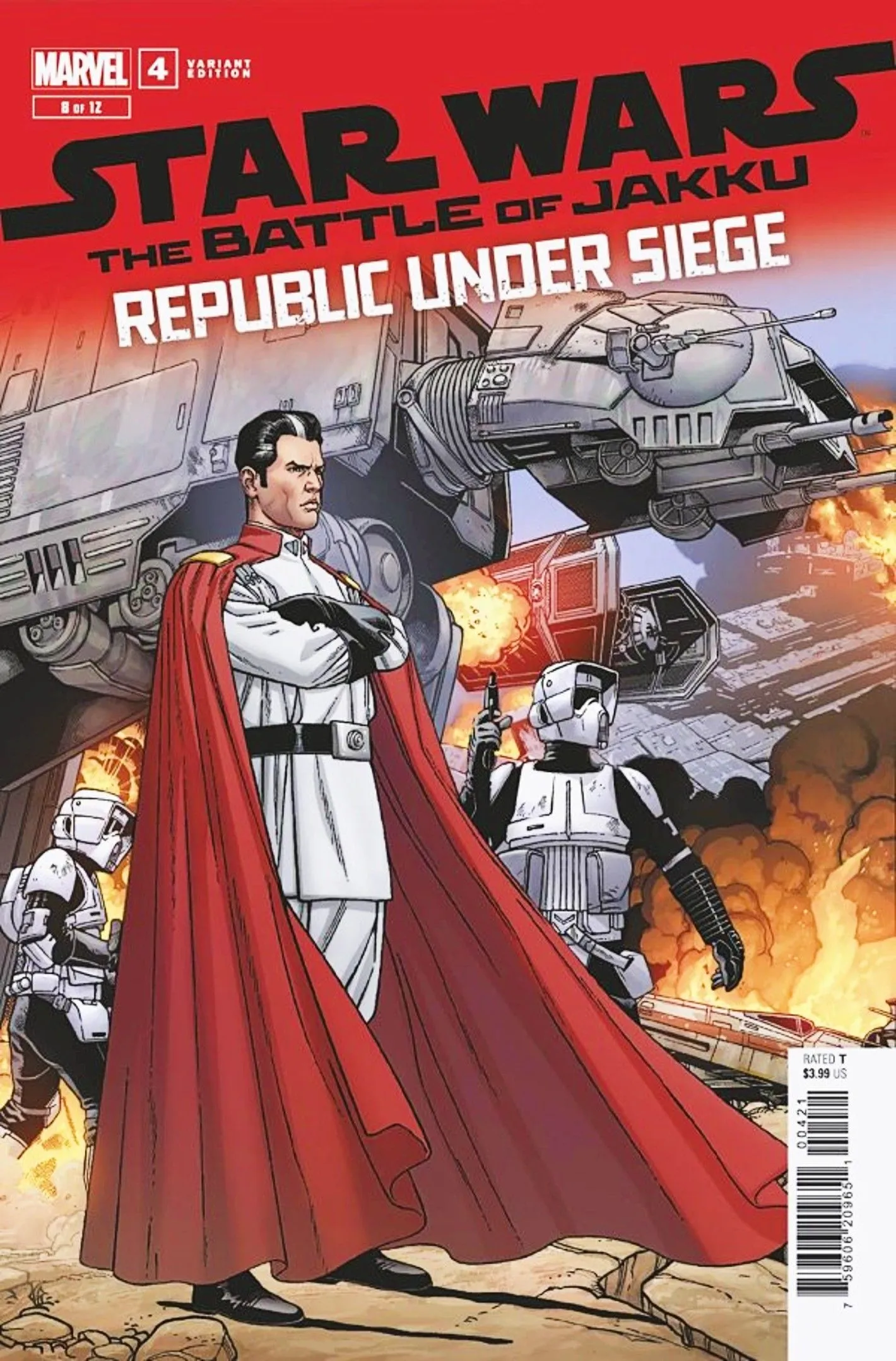 Portada de Republic Under Siege #4, un oficial imperial con capa roja con soldados exploradores mientras asedian a las fuerzas de la República-1