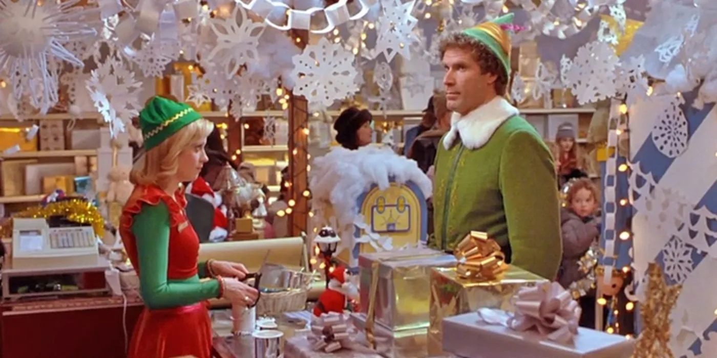 Jovie and Buddy in the department store after it's been decorated for Christmas in Elf