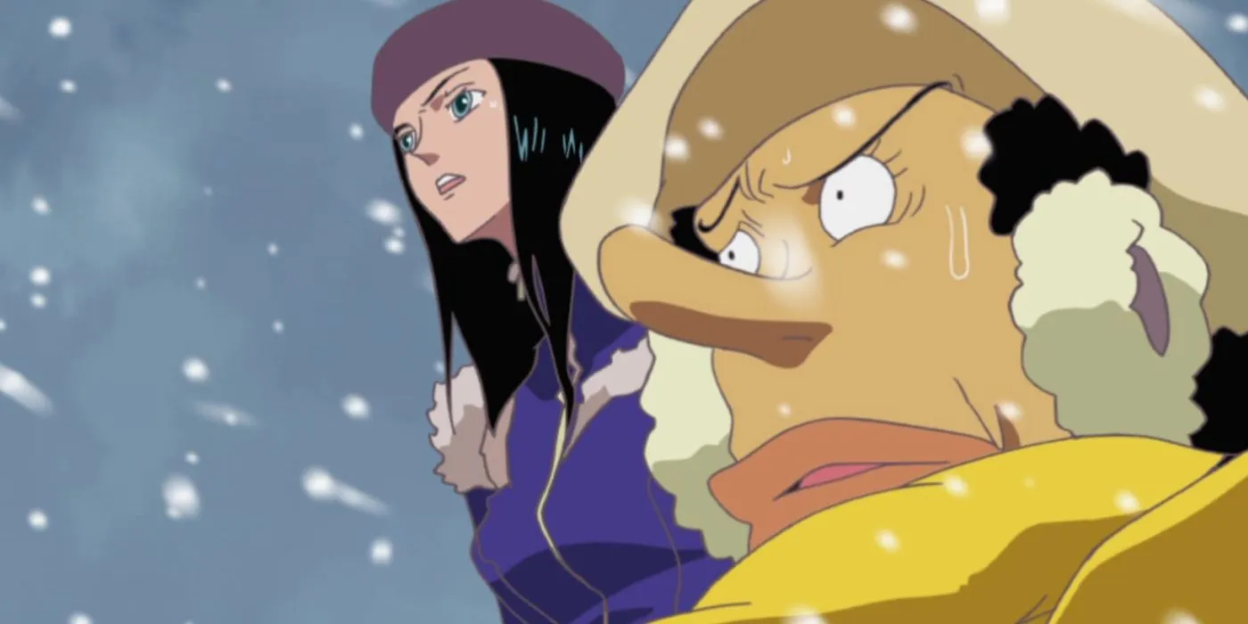 Robin e Usopp parecendo assustados em episódio de Chopper Plus