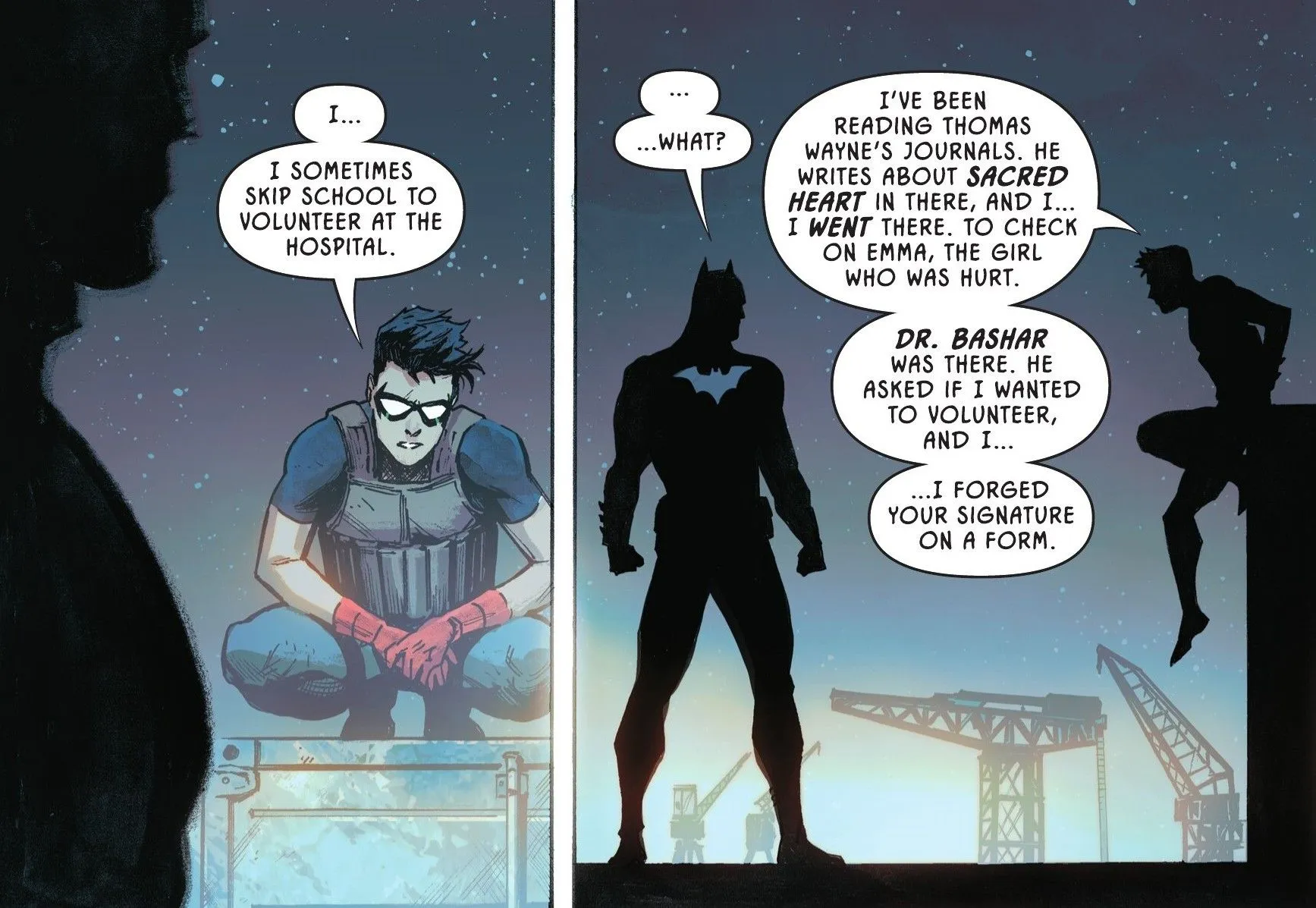 Comic-Panels: Robin Damian Wayne erzählt Batman, dass er ehrenamtlich in einem Krankenhaus arbeitet, nachdem er die Tagebücher von Thomas Wayne gelesen hat.