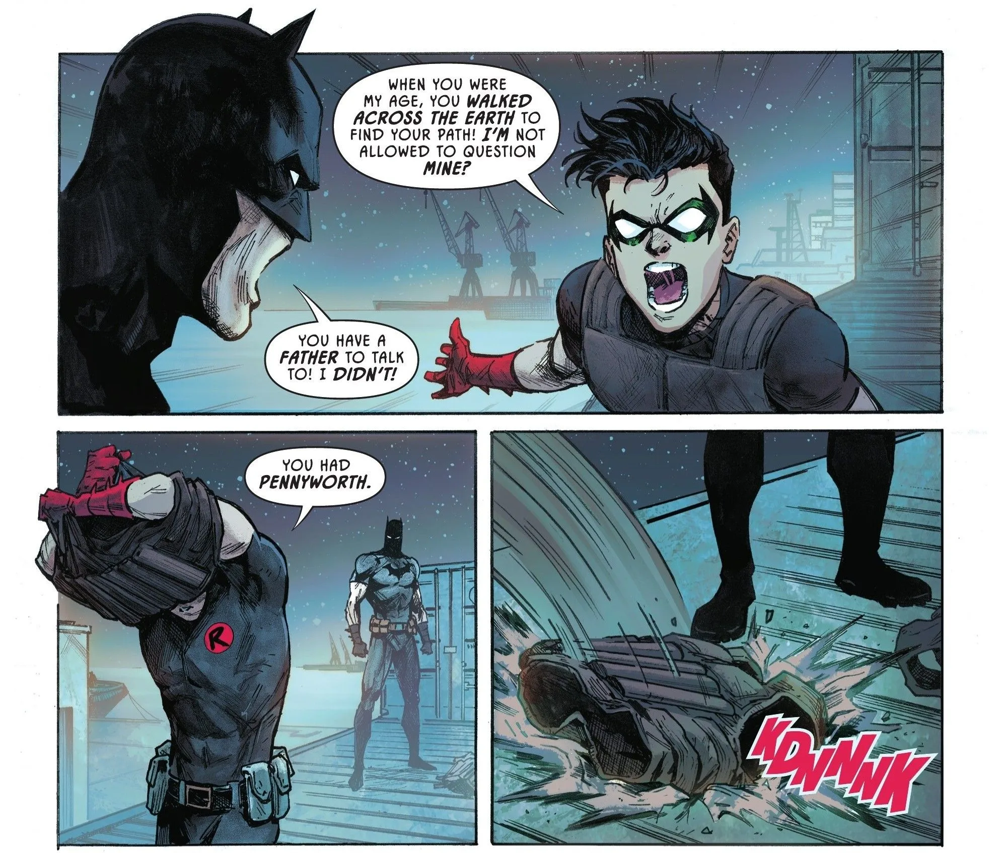 Comic-Panels: Robin Damian Wayne wendet sich von Batman ab, nachdem er um Damians Zukunft gestritten hat.