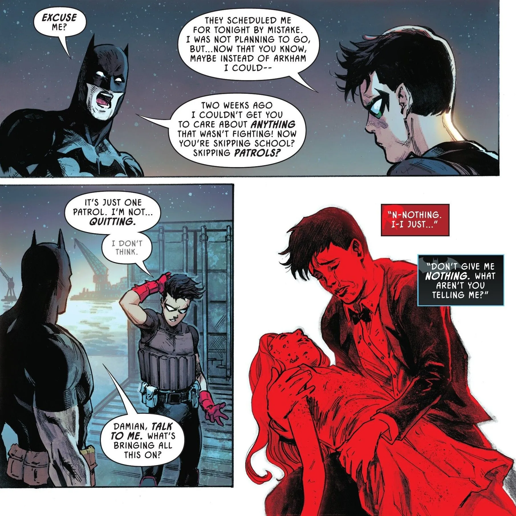 Comic-Panels: Batman und Robin Damian Wayne streiten über Damians Zukunft als Superheld.