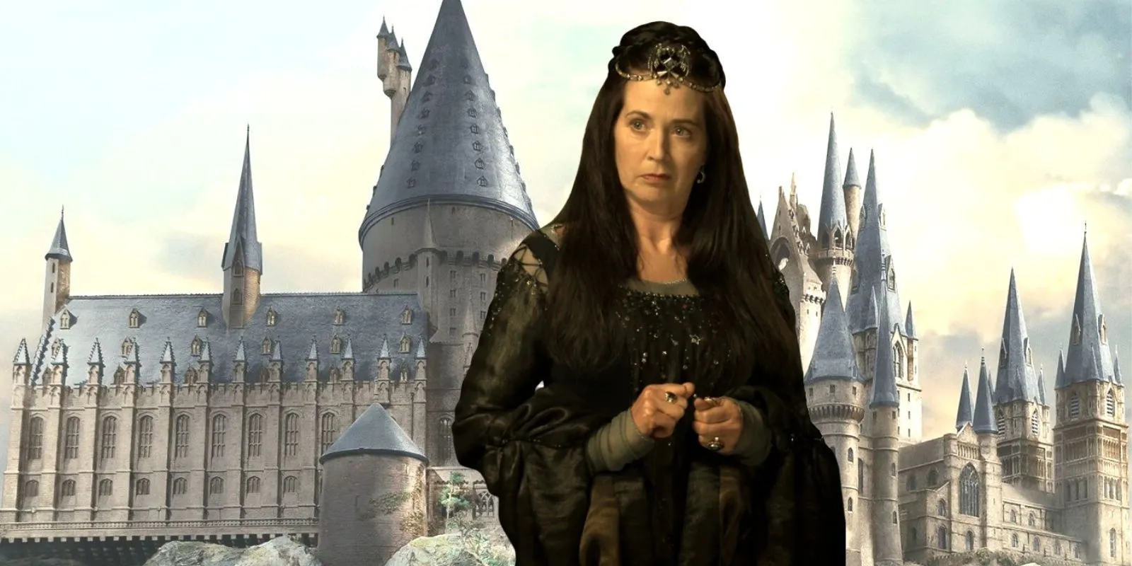 Rowena Ravenclaw in front of Hogwarts.