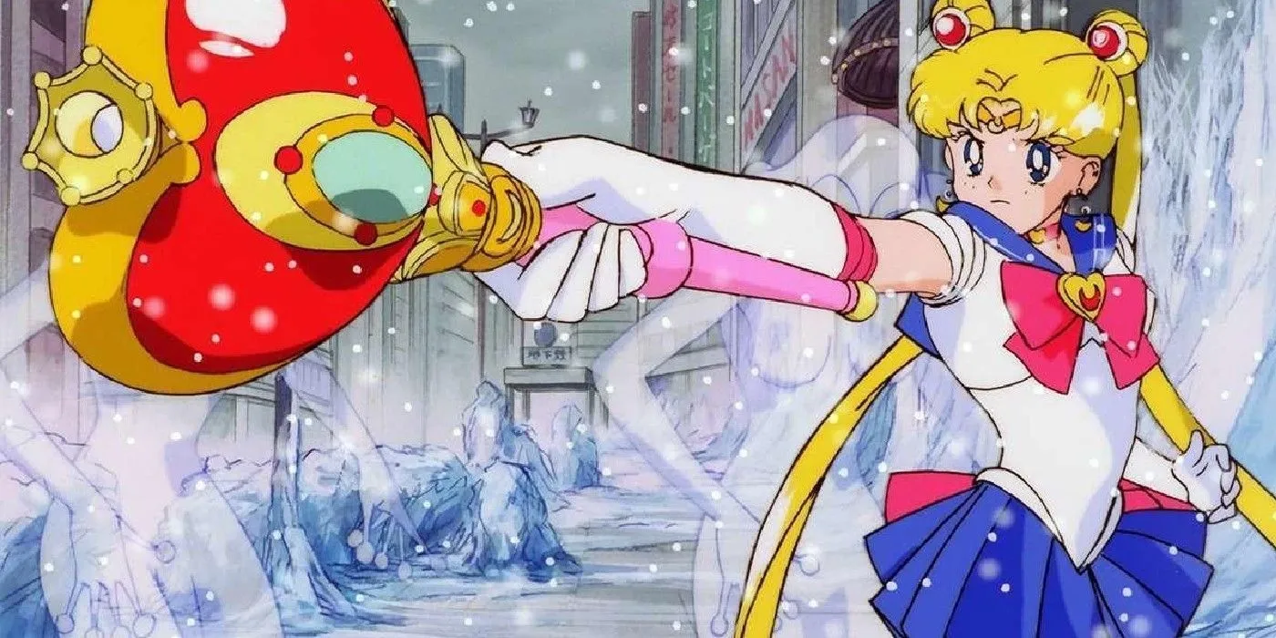 Usagi in Sailor Moon S pointing her iconic weapon forward