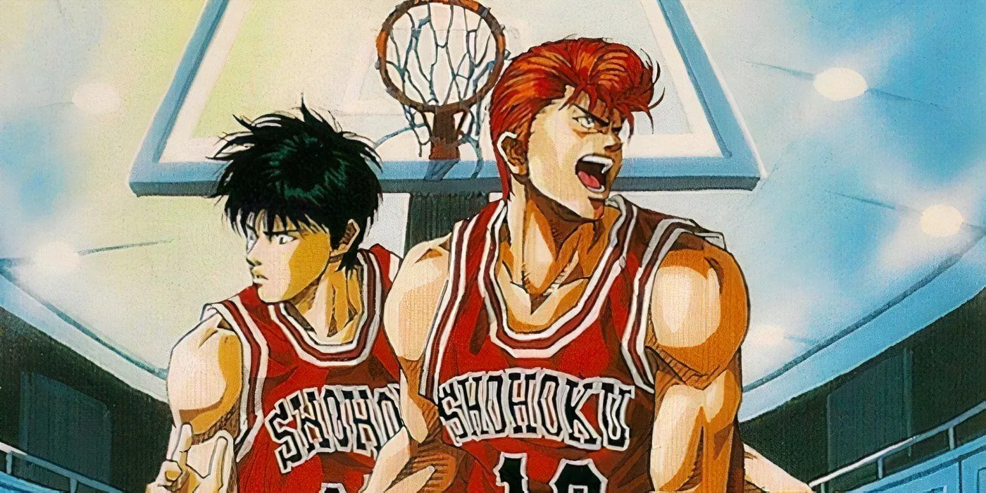 Rukawa i Sakuragi w mundurach podczas gry w anime Slam Dunk.