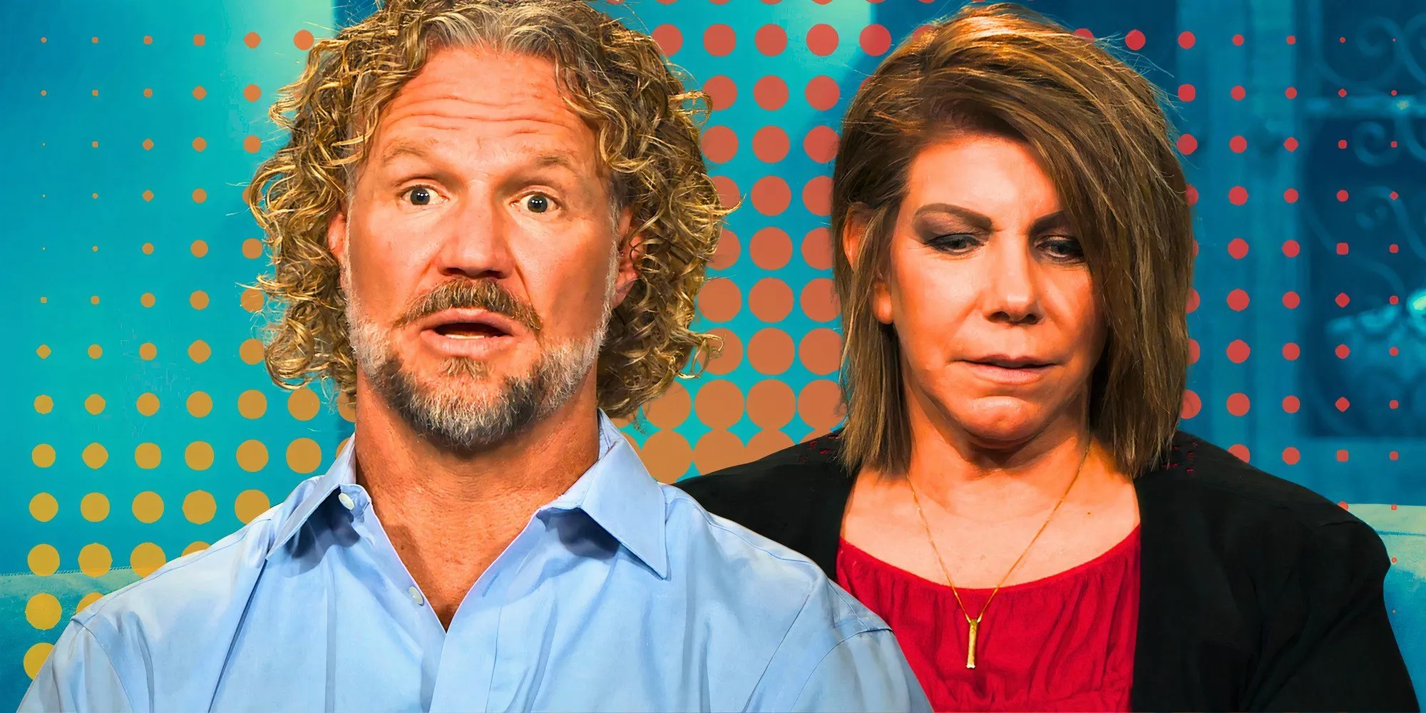 Bild von Kody Brown von Sister Wives, der wütend ist, während Meri Brown hinter ihm herabschaut und traurig ist