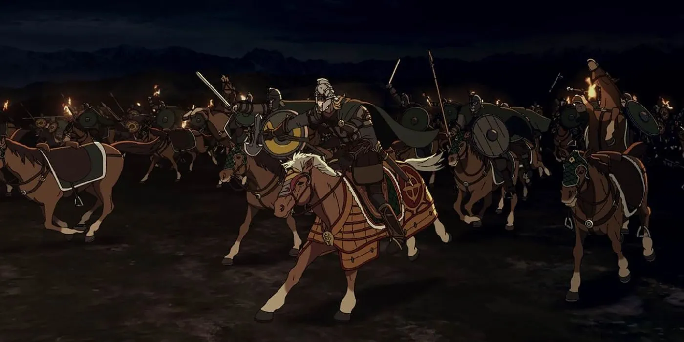 Soldados Rohirrim atacando em O Senhor dos Anéis: A Guerra dos Rohirrim