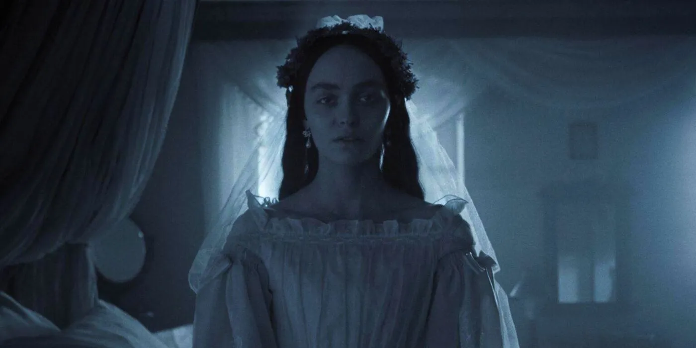 Lily-Rose Depp dans le rôle d'Ellen Hutter en robe de mariée dans Nosferatu