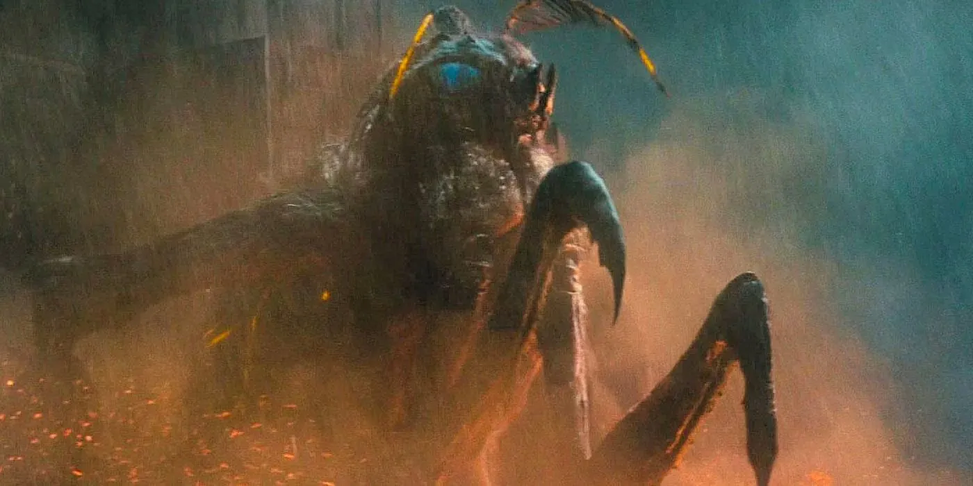 Ranna Mothra odpoczywa na budynku pod koniec filmu Godzilla: Król potworów