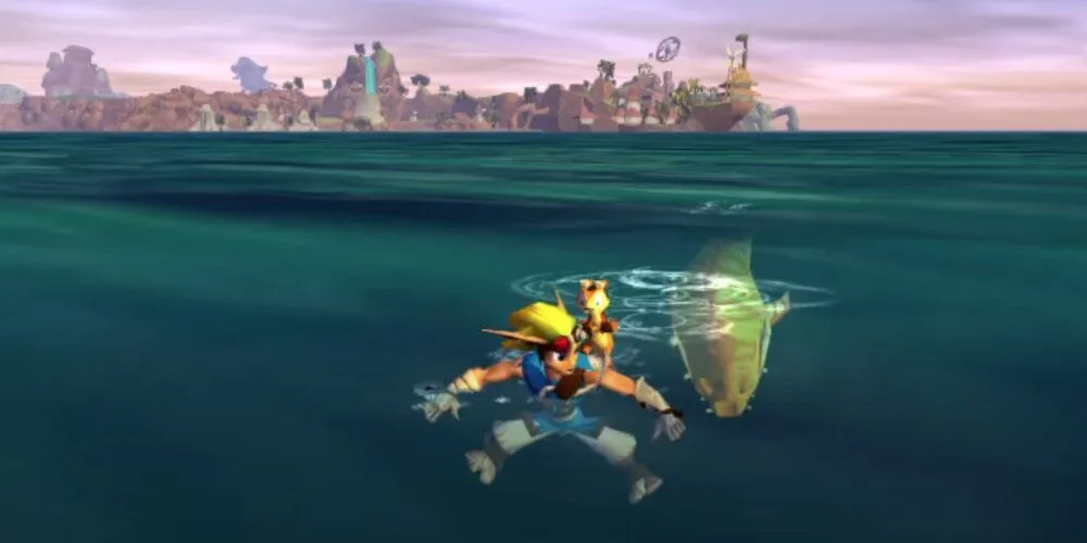 Jak swimming away from a yellow shark in Jak & Daxter: The Precursor Legacy