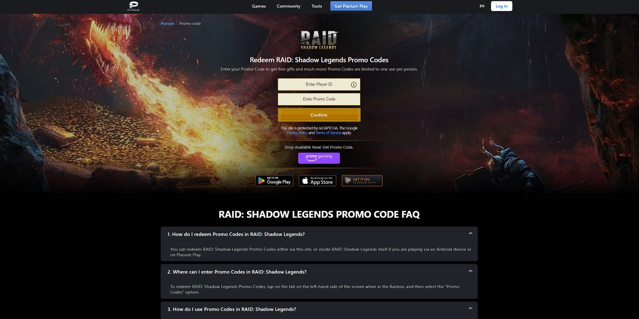 Promo-Code-Eingabe auf der Raid: Shadow Legends-Website