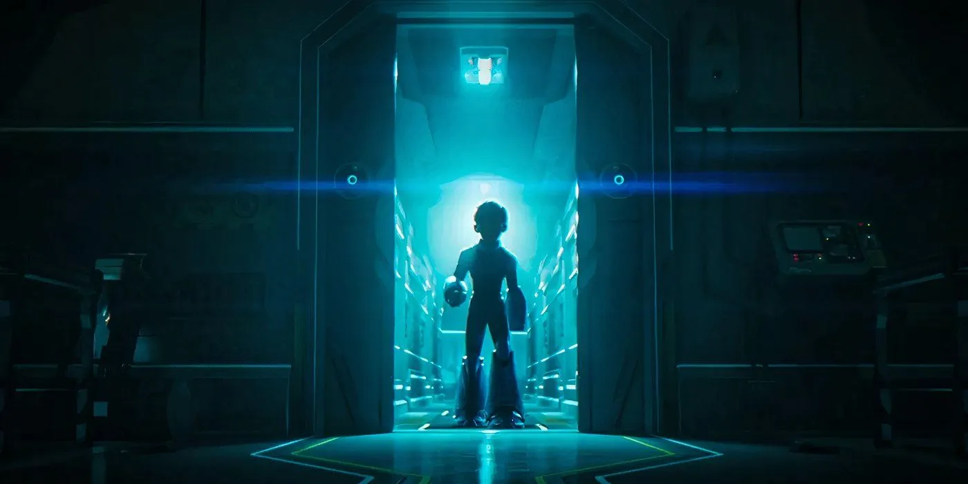 Mega Man traverse une porte avec une lumière bleue au-dessus de ses épaules dans le niveau secret