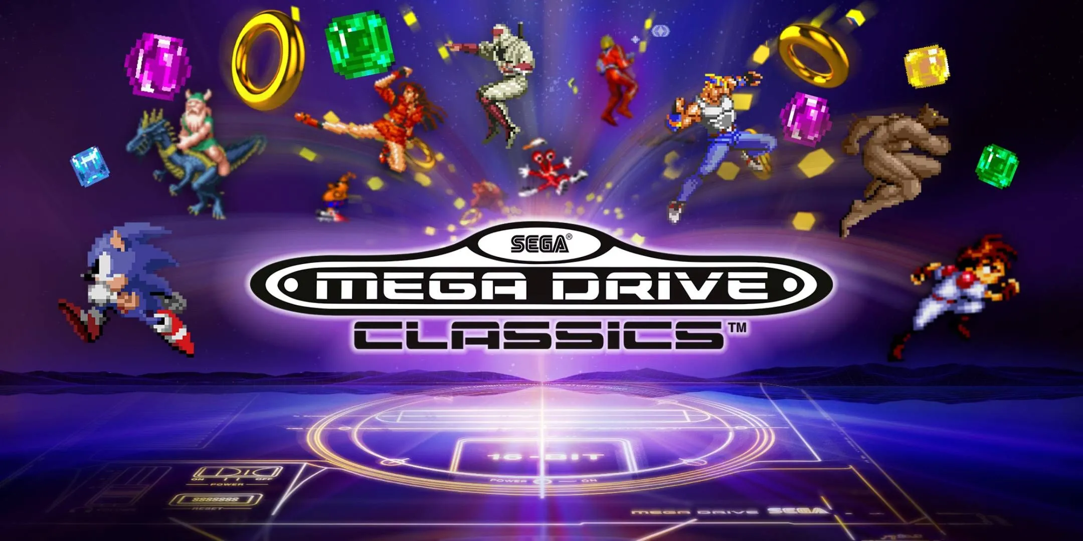 Sega Genesis Classics Collection 的关键艺术作品以游戏名称为中间，周围是包括索尼克在内的一系列世嘉角色。