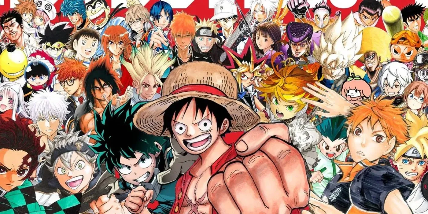 Kolaż postaci z Weekly Shonen Jump, w tym Luffy'ego z One Piece.