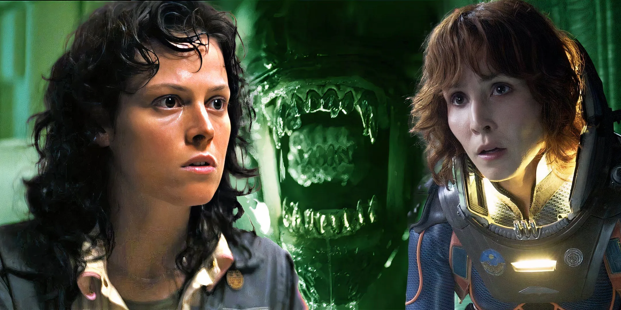 Sigourney Weaver dans le rôle d'Ellen Ripley et Noomi Rapace dans le rôle de Shaw regardant un xénomorphe effrayé dans l'en-tête d'Alien