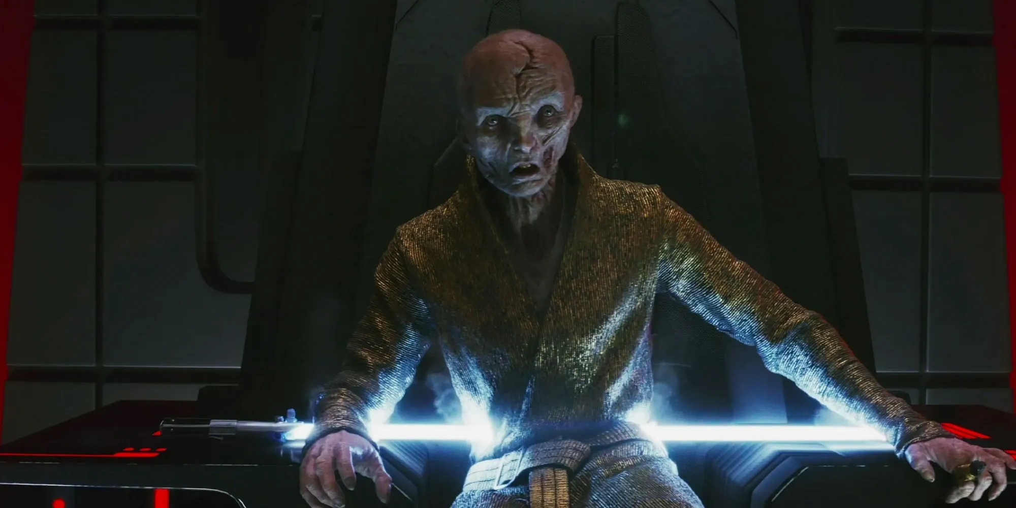 Snoke with a lightsaber stabbed through him in Star Wars: The Last Jedi