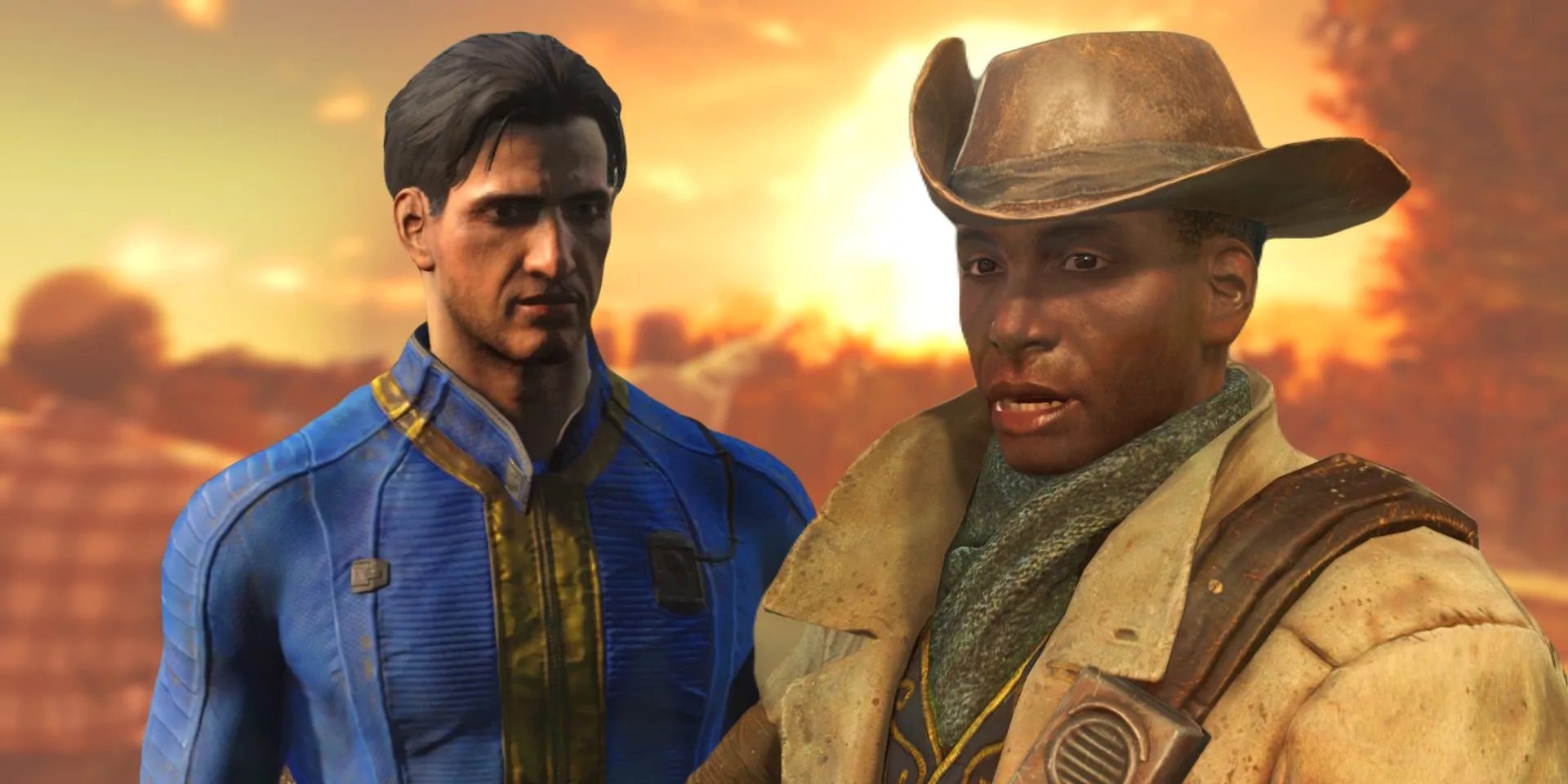 Einziger Überlebender, männlich, und Preston Garvey mit einer Explosion im Hintergrund in Fallout 4.