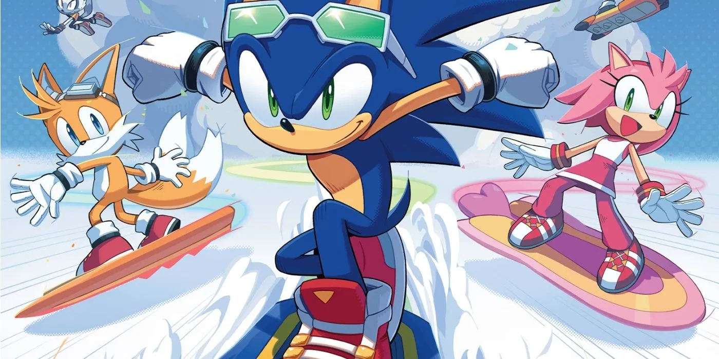 Comic book art: Sonic 69 cover with Sonic, Tails and Amy Rose on Extreme Gear