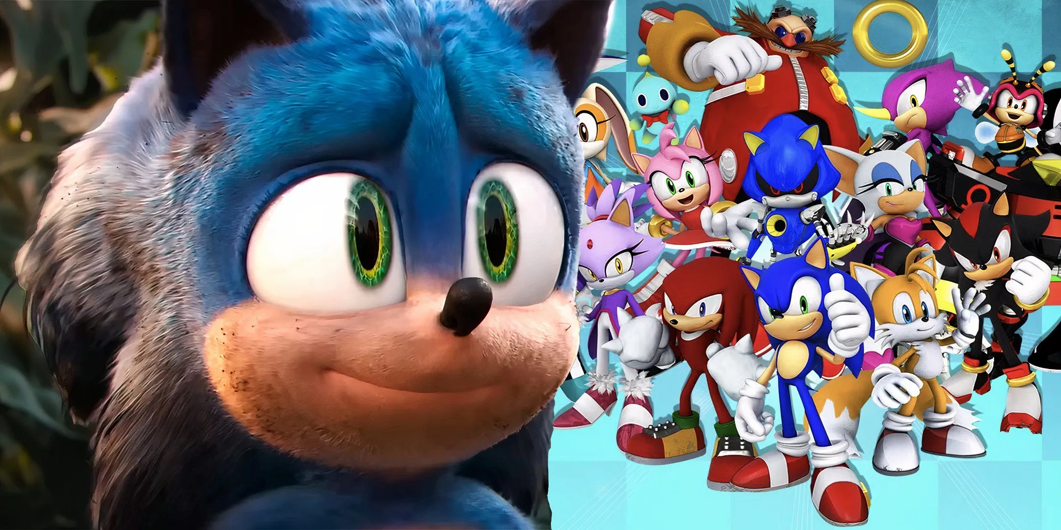 Sonic smiling in Sonic the Hedgehog 3 next to a group shot of game characters