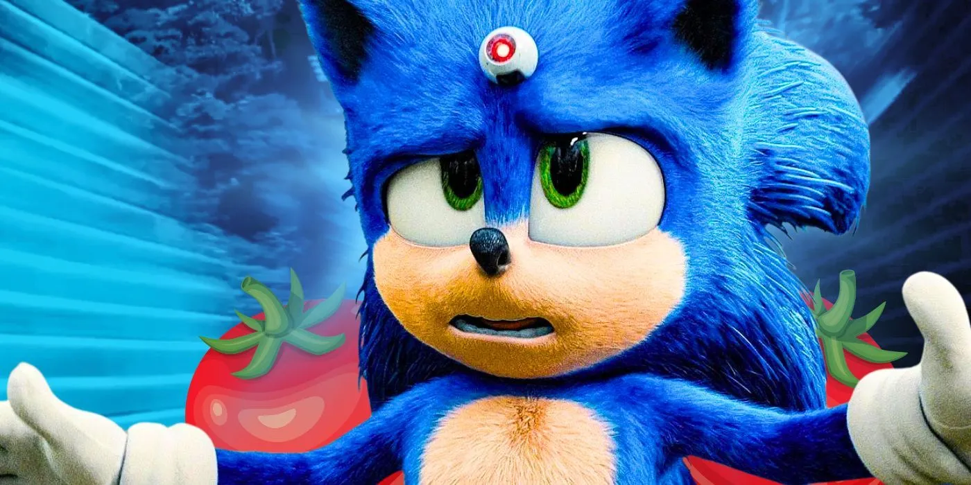 Sonic de Sonic the Hedgehog 3 frente a los símbolos de Rotten Tomatoes