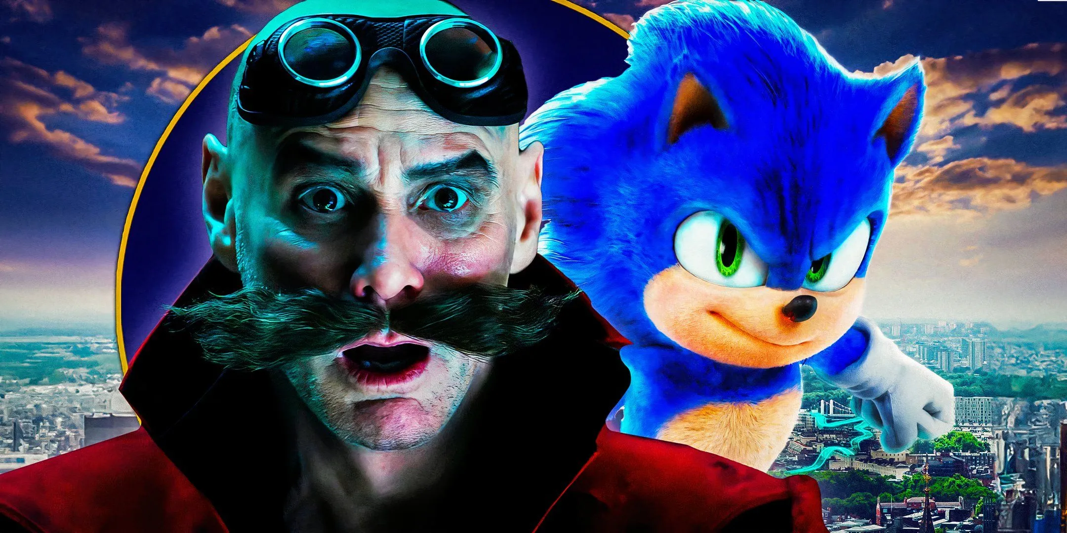 Imagen fusionada del Dr. Robotnik luciendo sorprendido junto a un decidido Sonic the Hedgehog