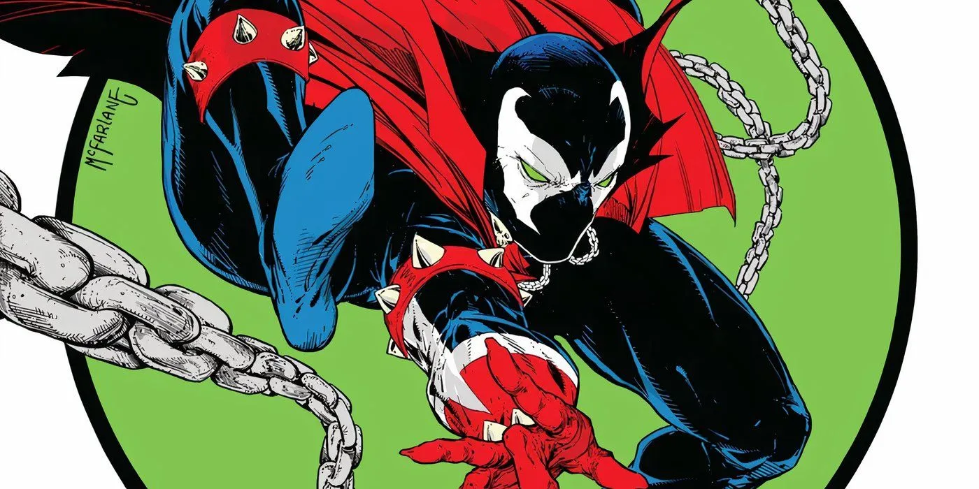 Spawn saute devant un cercle vert, rendant hommage à Amazing Spider-Man 301